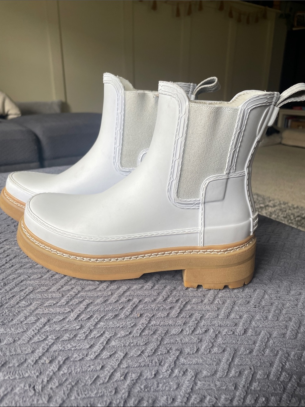 Hunter White Chelsea Rain Boots with Tan Lug Sole